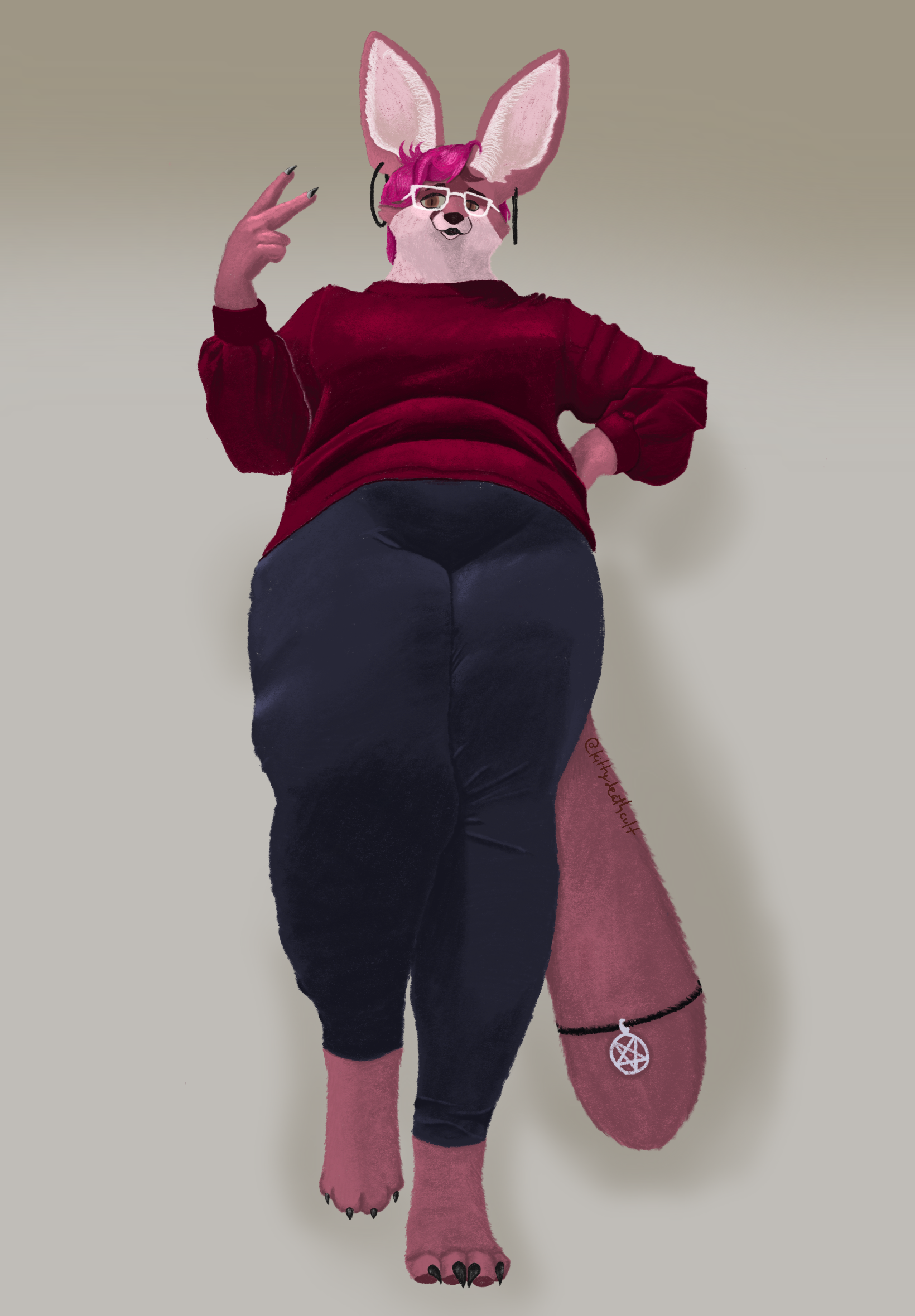 A digital drawing of an anthro pink/magenta colored fennec fox. They are fat and have large boobs. They are wearing a wine-red sweater blue-gray leggings, square glasses with translucent, white frames, large, black hoop earrings, and a pentagram charm on their tail. Their nails are painted black. They are throwing up a peace sign with one hand and have their other on their hip. The 'camera' is on the floor angled upward.
